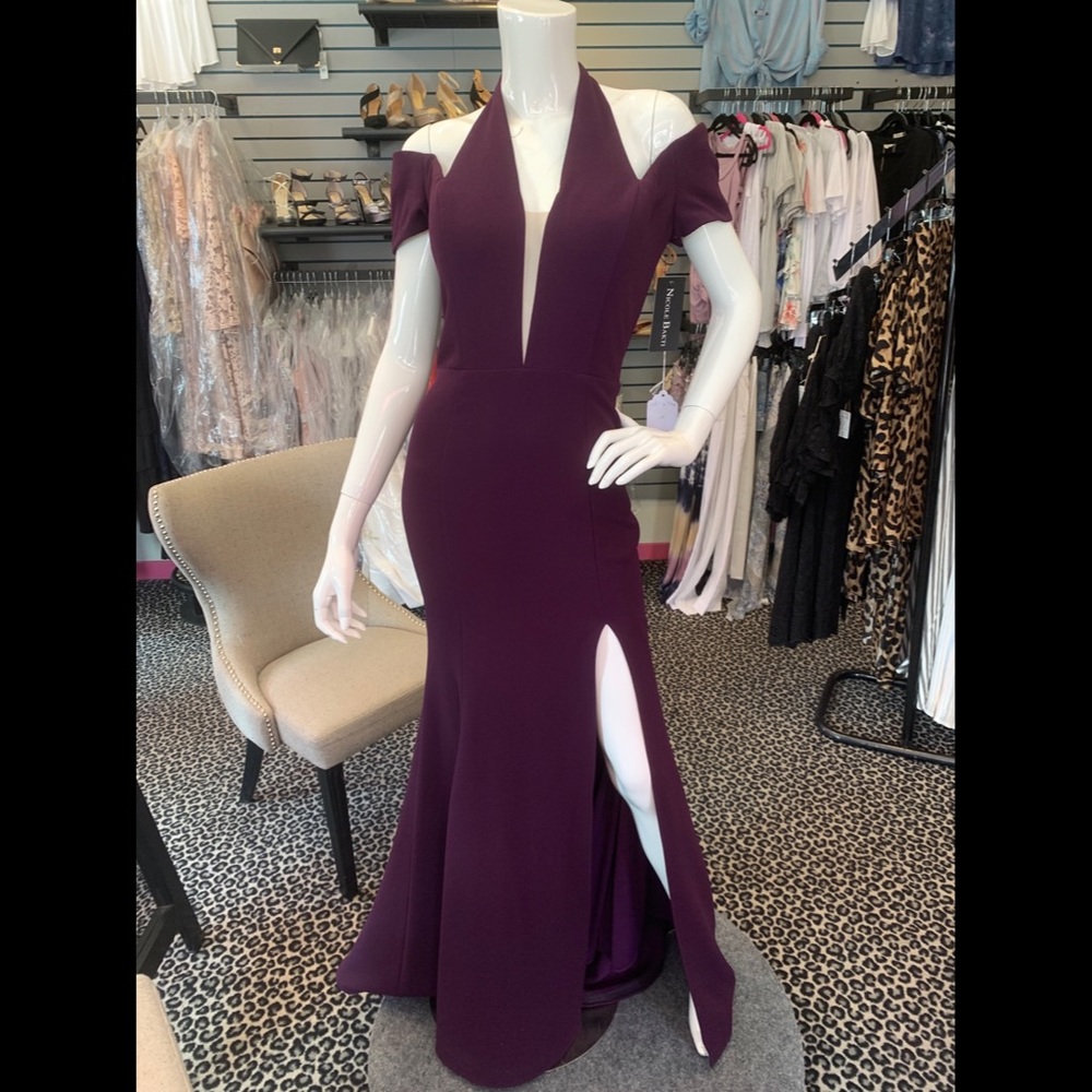 Eggplant Nicole Bakti halter off shoulder gown